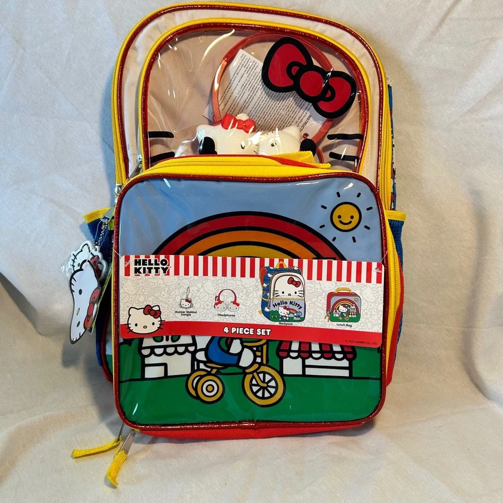 Hello Kitty 4 Piece Backpack Set with Lunch Bag Headphones and Keychain New